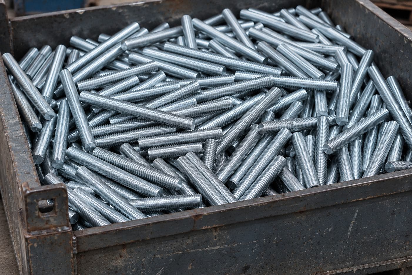 Üretimi tamamlanmış galvanizli saplamalarla dolu çelik sevkiyat kasası